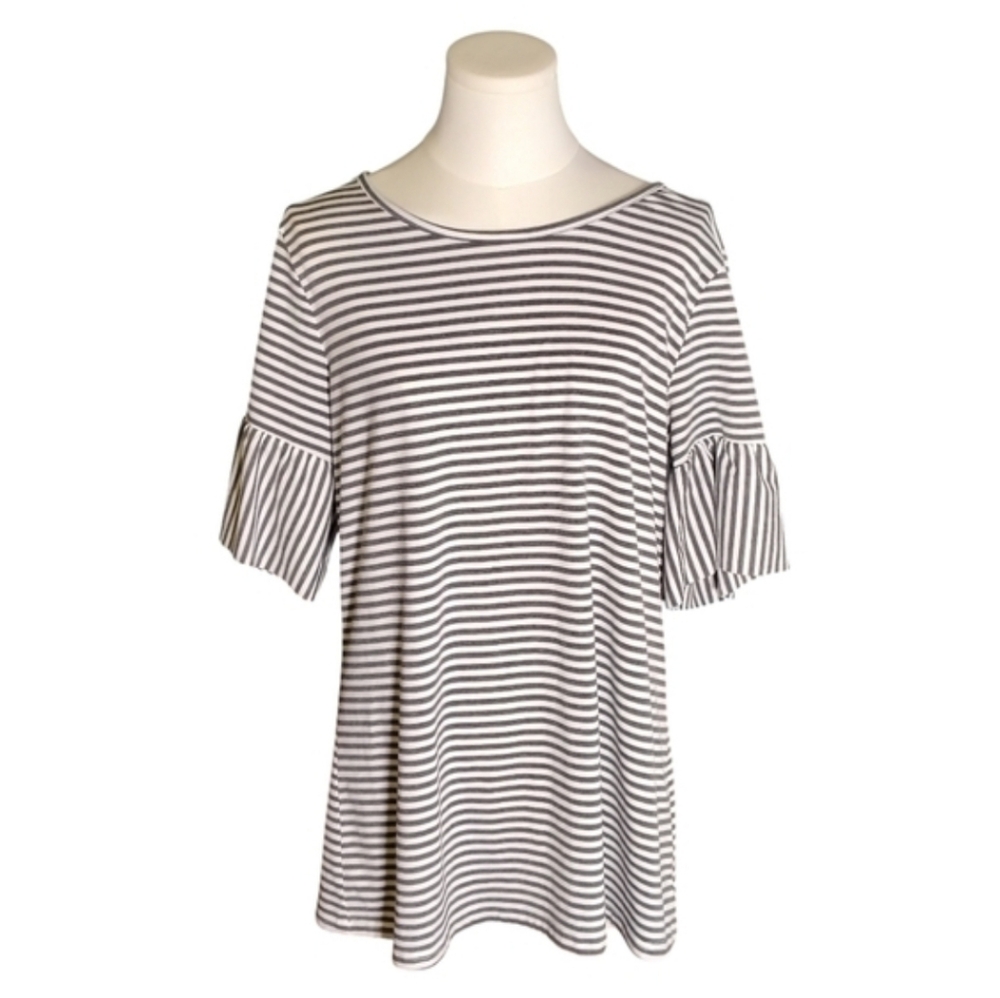Tickled Teal Soft Gray and White Pin Striped Tee With Flare Sleeves Size Medium